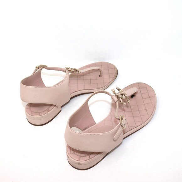 Chanel Quilted Logo 38 Baby Pink Flat T Strap Sandals Chain CC Logo - Picture 7 of 12